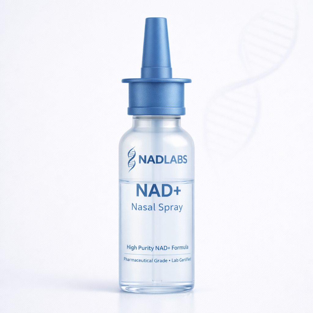 NAD+ nasal spray bottle with blue nozzle on a white background