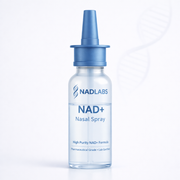 NAD+ nasal spray bottle with blue nozzle on a white background