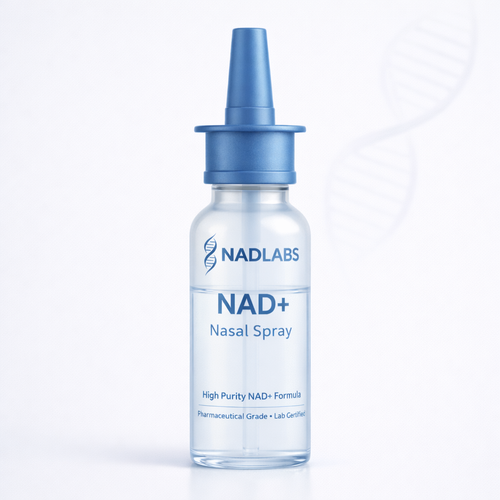 NAD+ nasal spray bottle with blue nozzle on a white background