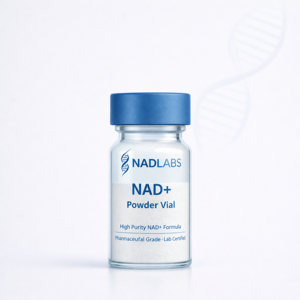 NAD+ Powder Vial from NAD Labs on a white background