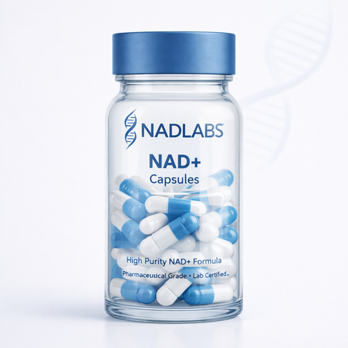 Bottle of NADLabs NAD+ Capsules on a white background